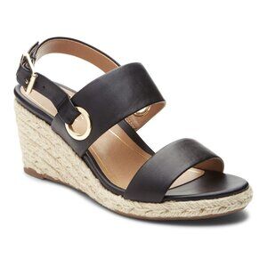Vionic Tulum Vero Wedge Black Gold Hardware Buckle Espadrilles Sandal W size 7